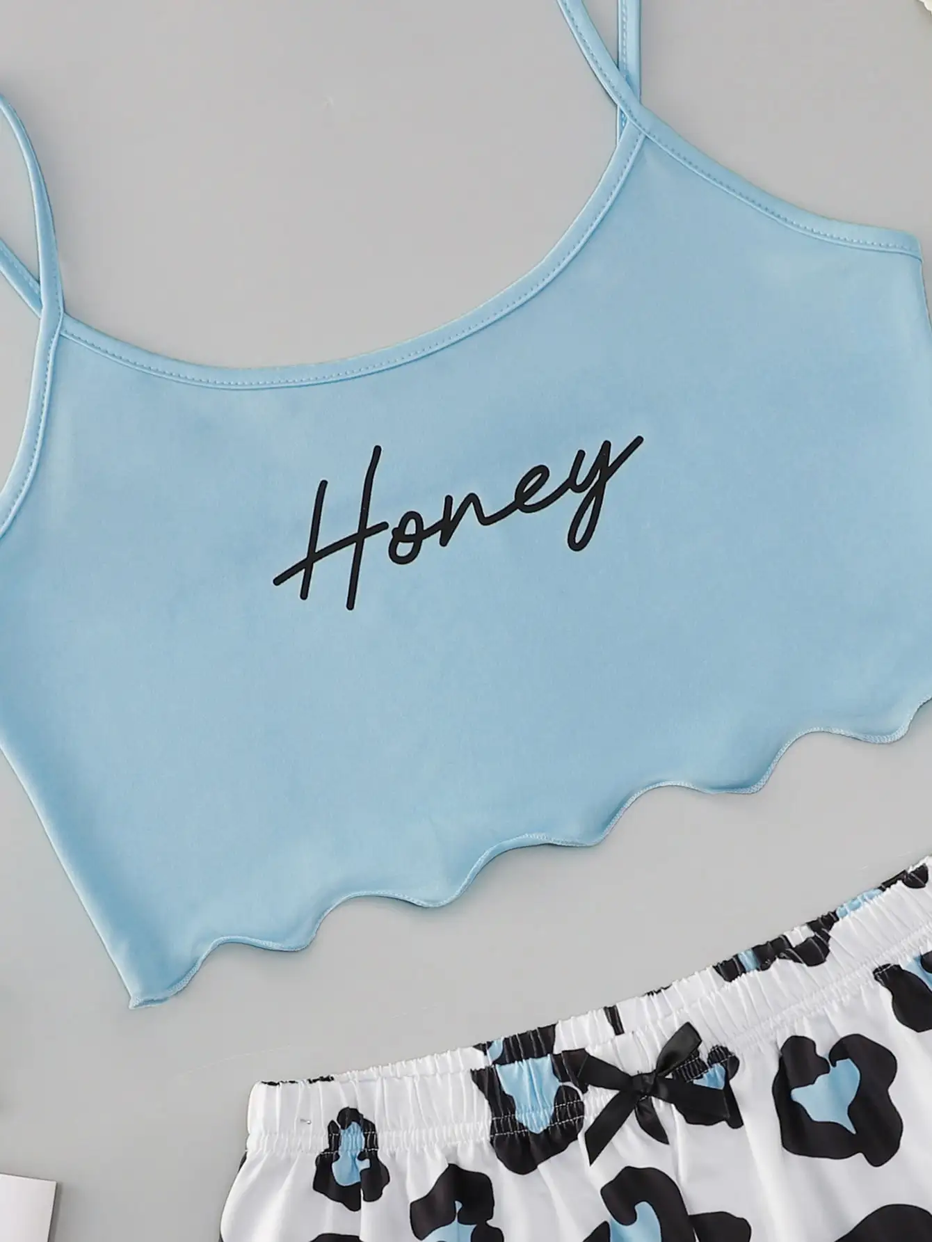 Monogrammed Floral Halter Tops and Leopard Print Bow Upholstered Shorts Housecoat Pajama Set