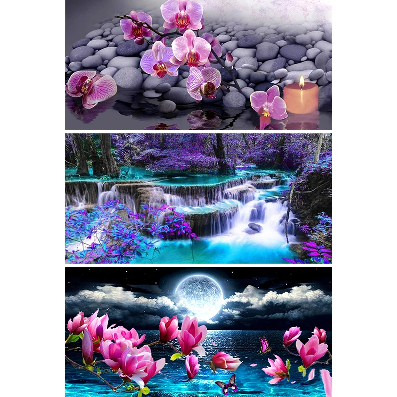 

New 5d Diamond Painting Kit Full Drill Round Diy Orchid Diamond Painting Waterfall Flowers Diamond Cross Stitch Art Home Decor