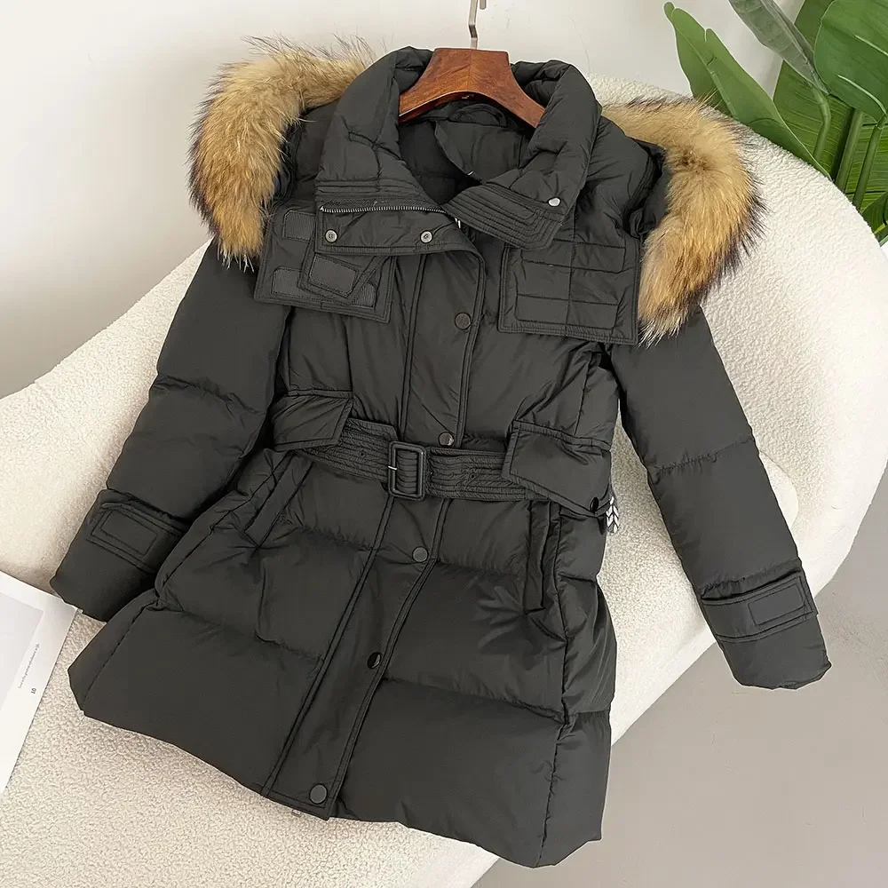 Женский длинный пуховик со съемным воротником теплая куртка на белом утином пуху