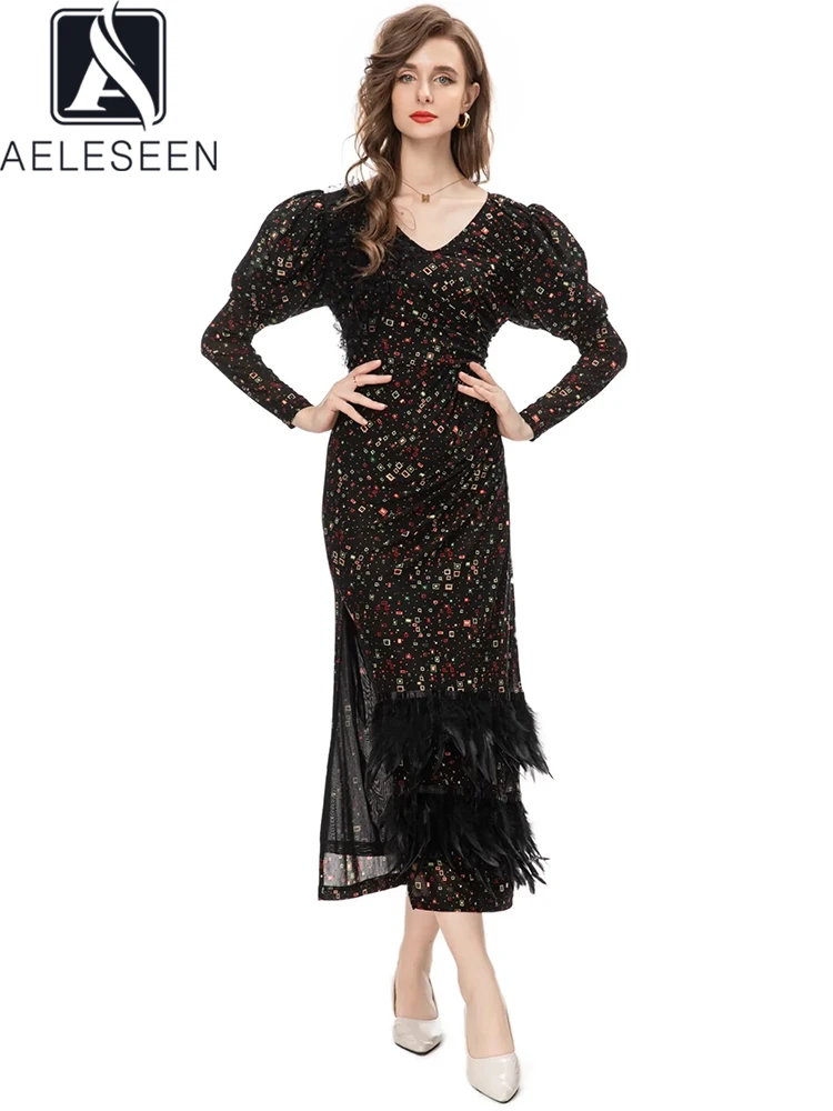 

Женское длинное платье-футляр AELESEEN Vinatge, Осеннее элегантное праздничное платье с рукавами-фонариками и v-образным вырезом с геометрическим принтом