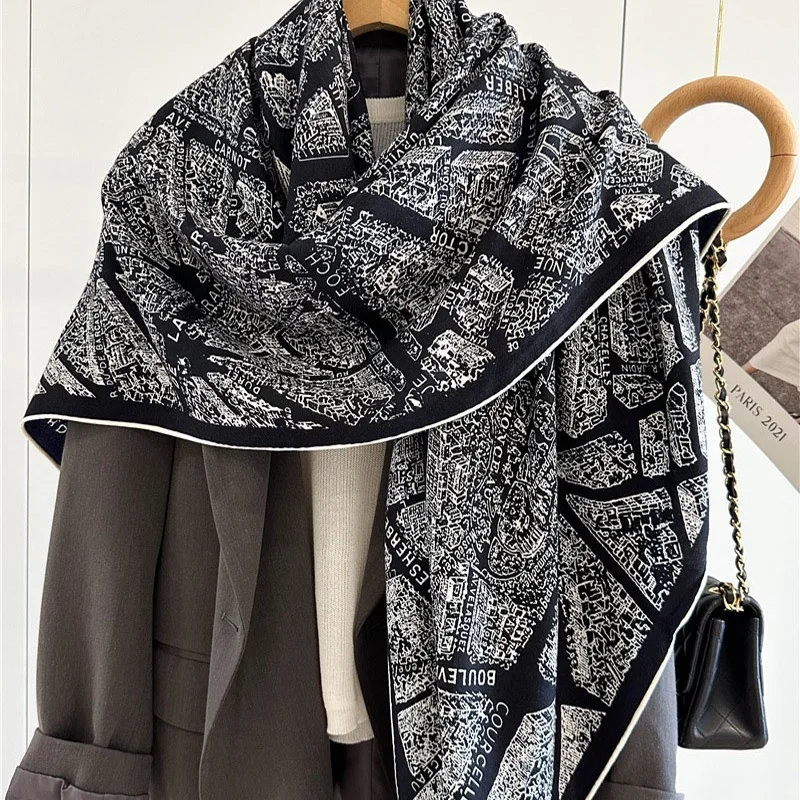 Двусторонние шерстяные шарфы платок 2024 новый принт женское Модное теплое пончо x