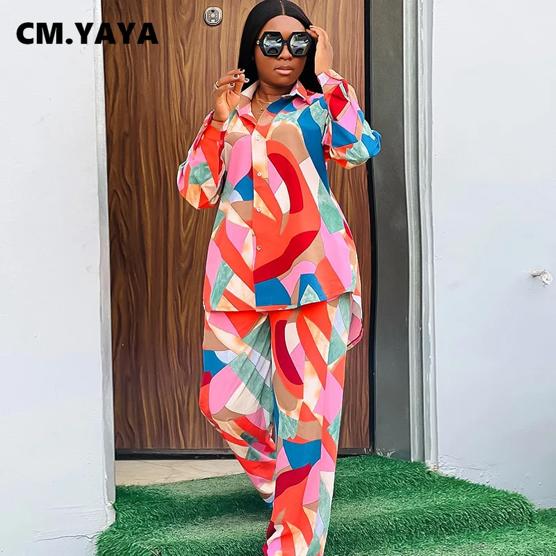 

Женский спортивный костюм CM.YAYA, разноцветная блуза с геометрическим рисунком, прямые штаны