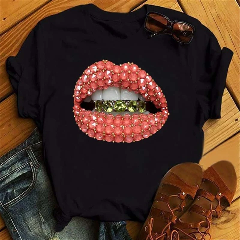 

Femme Harajuku Short Sleeves T Shirt Women Lip Funny Printed Girl Black Tshirt Summer Cartoon Graphic Tee Shirt