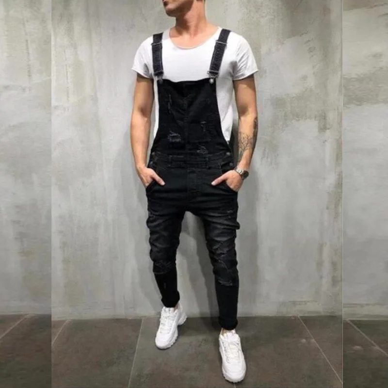 Fashionable Mens Suspender Denim Jumpsuit Ripped Jeans Full Length Overalls Streetwear Bibs Blue Pants Male Worn Rompers