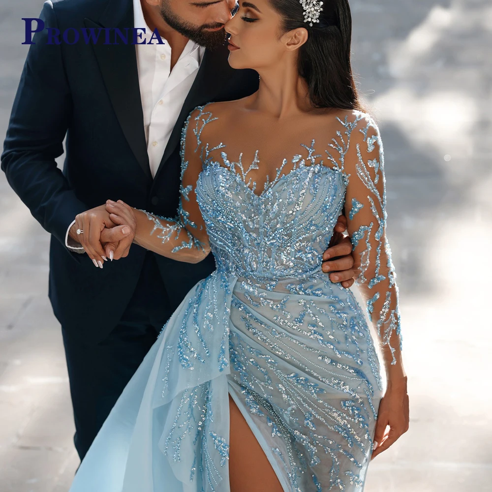 

Великолепное голубое платье из муслина с бисером и иллюзией, женское свадебное платье для официальной вечеринки, индивидуальные платья