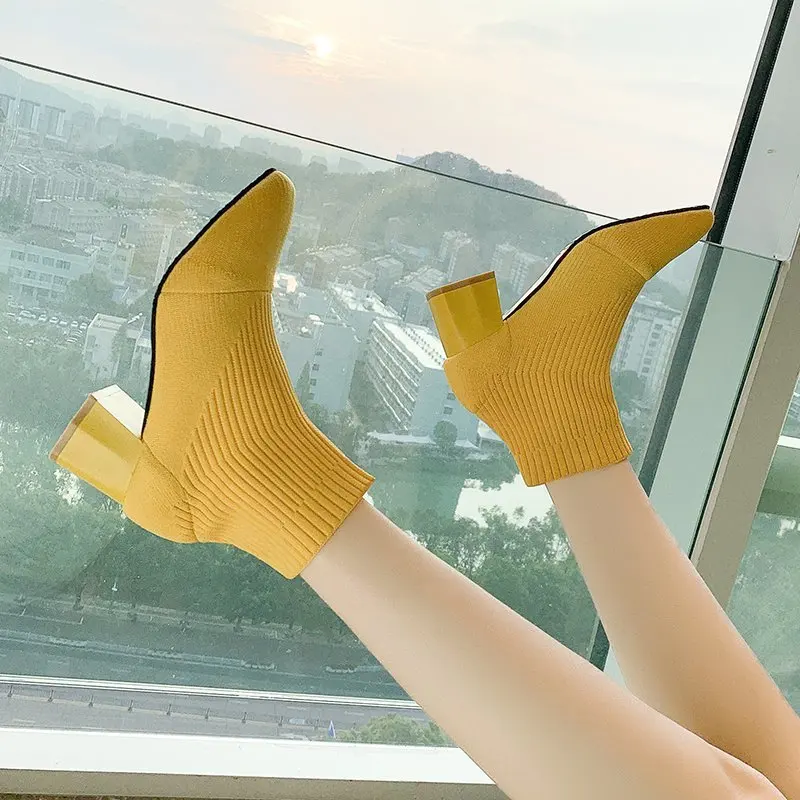 

Женские ботильоны на толстом каблуке, черные эластичные ботинки с квадратным носком, Размеры 35-40, осень