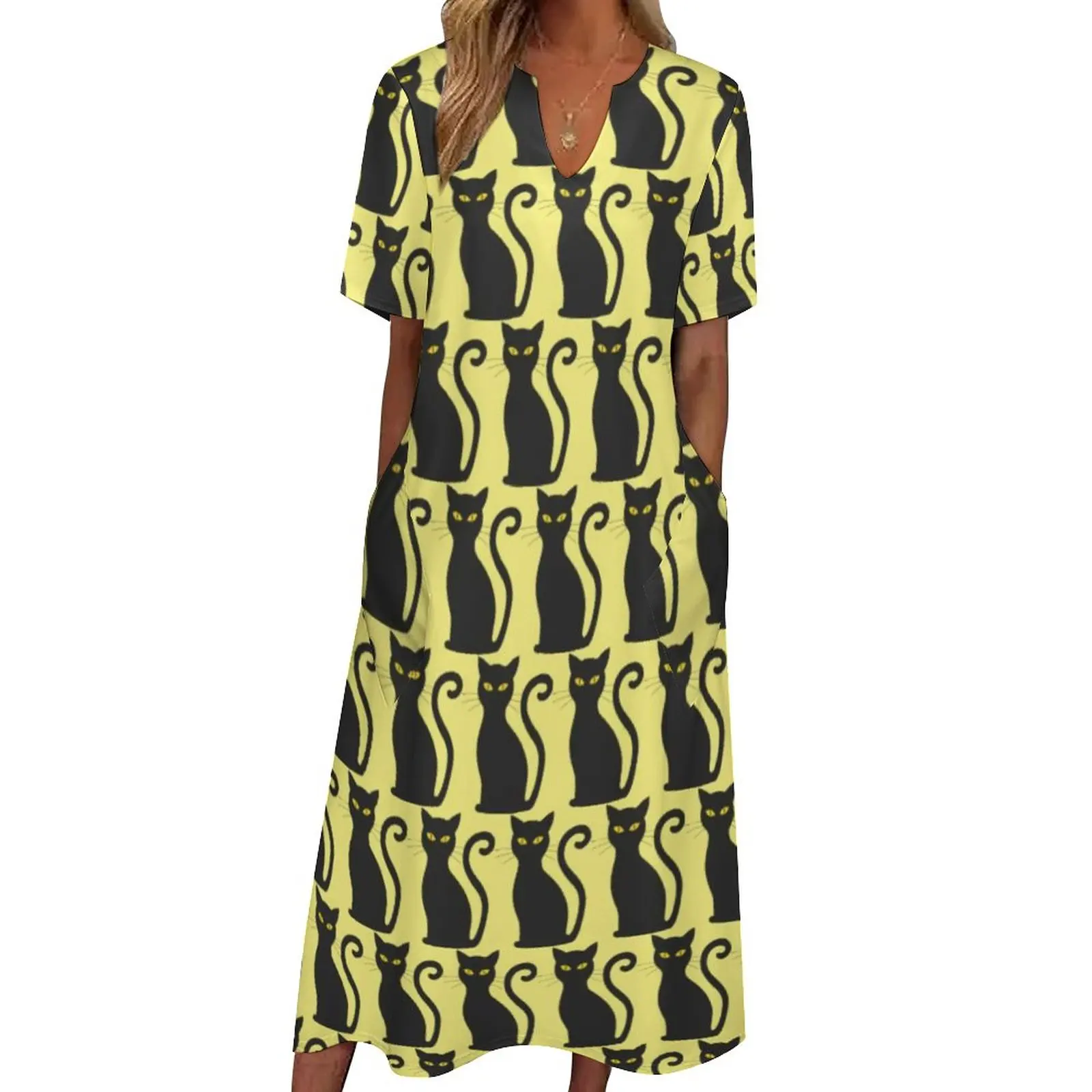 

Black Cat Dress Summer Funny Animal Print Streetwear Boho Beach Long Dresses Women Design Trendy Maxi Dress 3XL 4XL 5XL