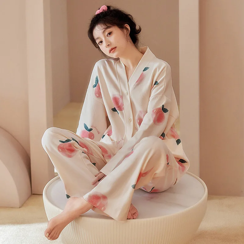 

Ladies Long Sleeve And Pant Pajamas Set Sweet Cotton Peach Printed 2Pcs Sleepwear Home Clothing