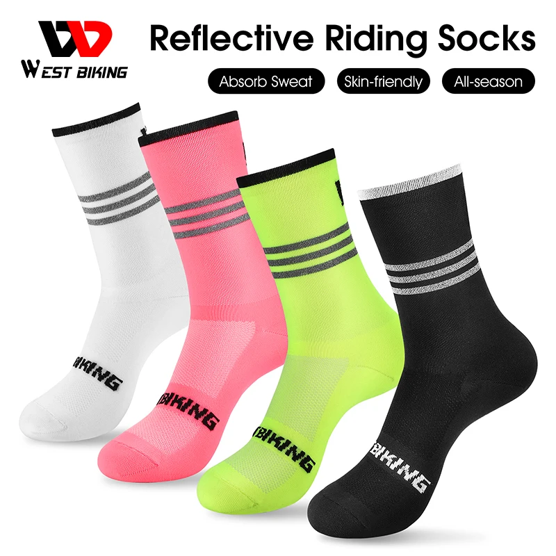 

WEST BIKING Aero Socks Cycling Non-Slip Reflective Striped Long Socks MTB Racing Bike Compression Socks Football Sports Socks