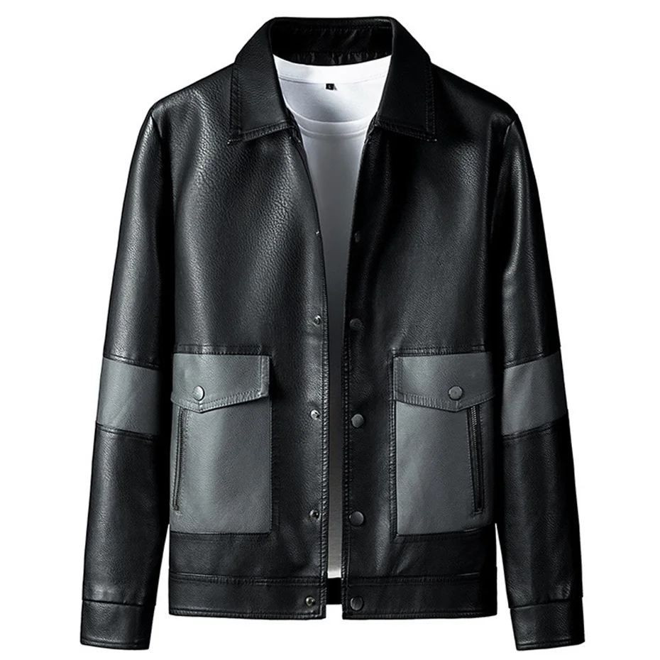 

Coat Men 2024 New Spring PU Jackets Pocket Patchwork Design Fashion Casual Biker Jacket Male Outerwear Plus Size 5XL