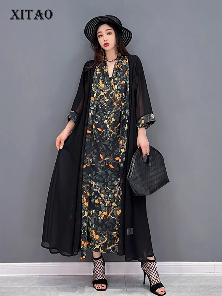 

XITAO Print Casual Dress Women Korea 2022 Summer New Arrival Personality Fashion Loose V-neck Full Sleeve Mid-calf Dress WLD7469