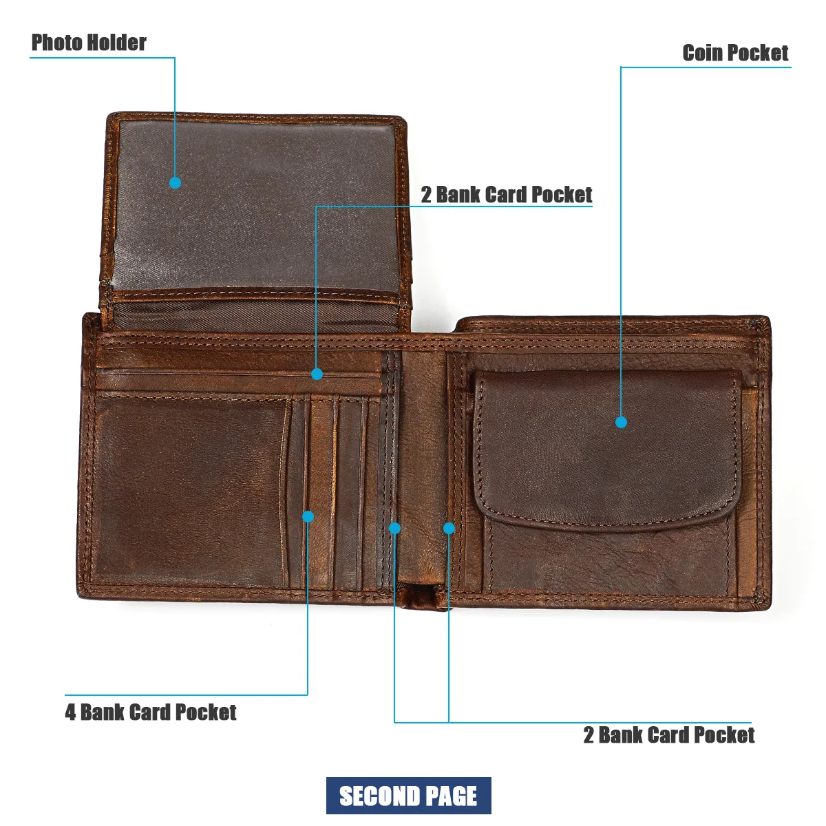 2023 New Genuine Leather Men's Wallet Vintage Cowhide Large Capacity Long Bifold Male Purse Card Holder With Zipper Coin Pocket