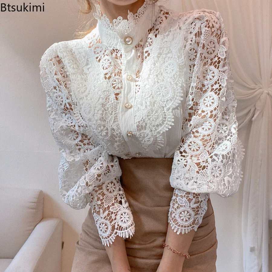 

New Women Sexy Lace Patchwork Hollow Out Shirt Blouse Long Sleeve Mesh Design Formal Tops Spring White Button Shirts Female 3XL