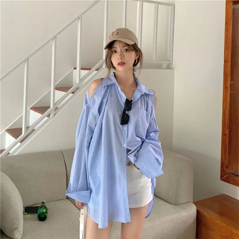 

EBAIHUI Women Striped Shirt Korean Style Off Shoulder Button Loose Ladies Blouse 2023 Summer Long Sleeve Casual Clothing Tops