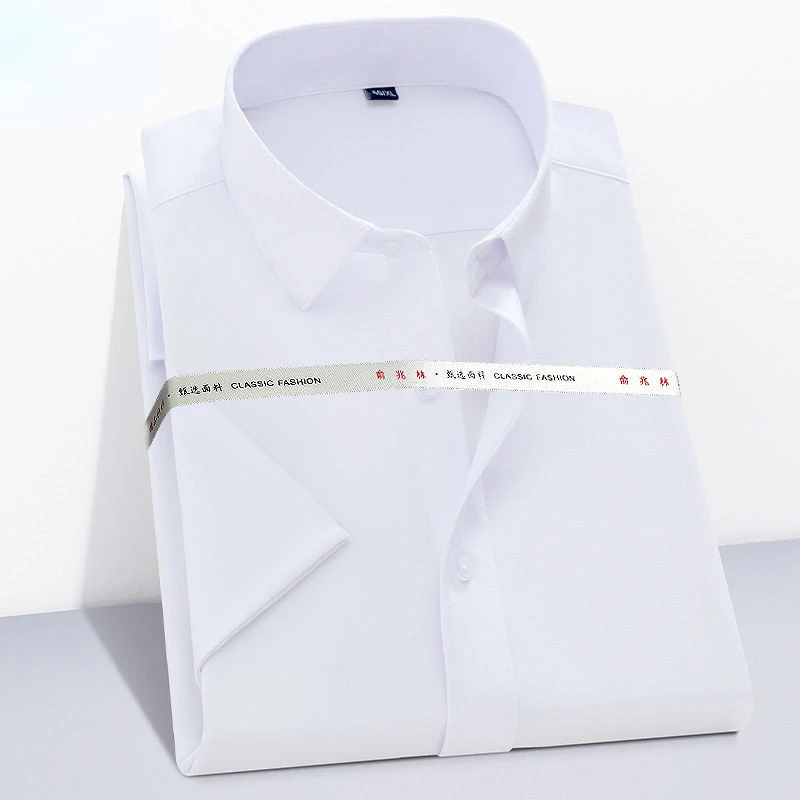 Men's Short Sleeve Work Clothes Elastic Shirt Business Casual Ice Professional White Solid Color Shirt for Young and Middle-aged