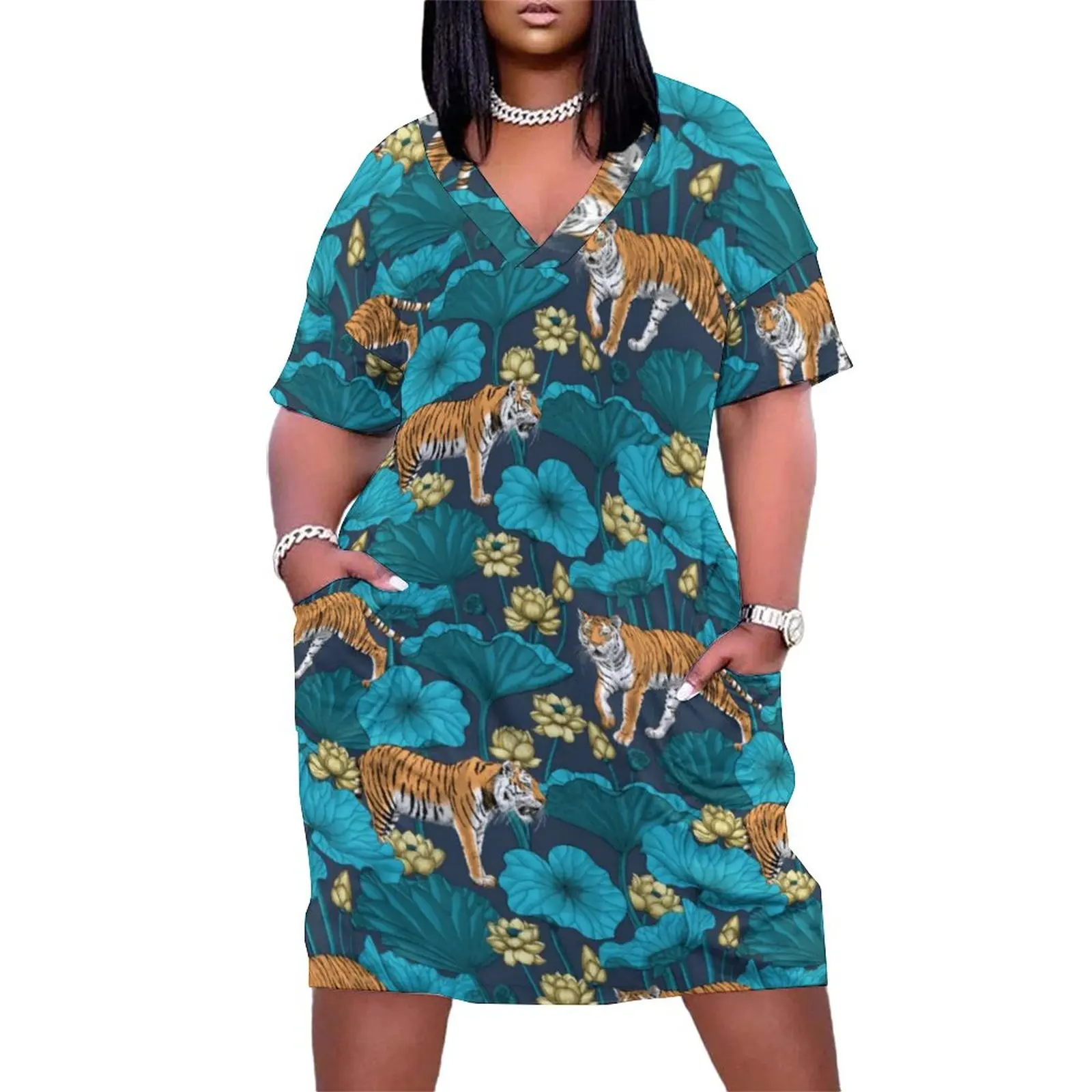 Wild Tiger Casual Dress Summer Yellow Lotus Pond Kawaii Dresses Woman V Neck Graphic Street Fashion Dress Plus Size 4XL 5XL