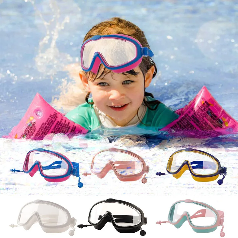 

Outdoor Waterproof Clear Double Anti-fog Swim Glasses Anti-UV Children Eyewear Adjustable Swimming Goggles Earplug 2 In 1