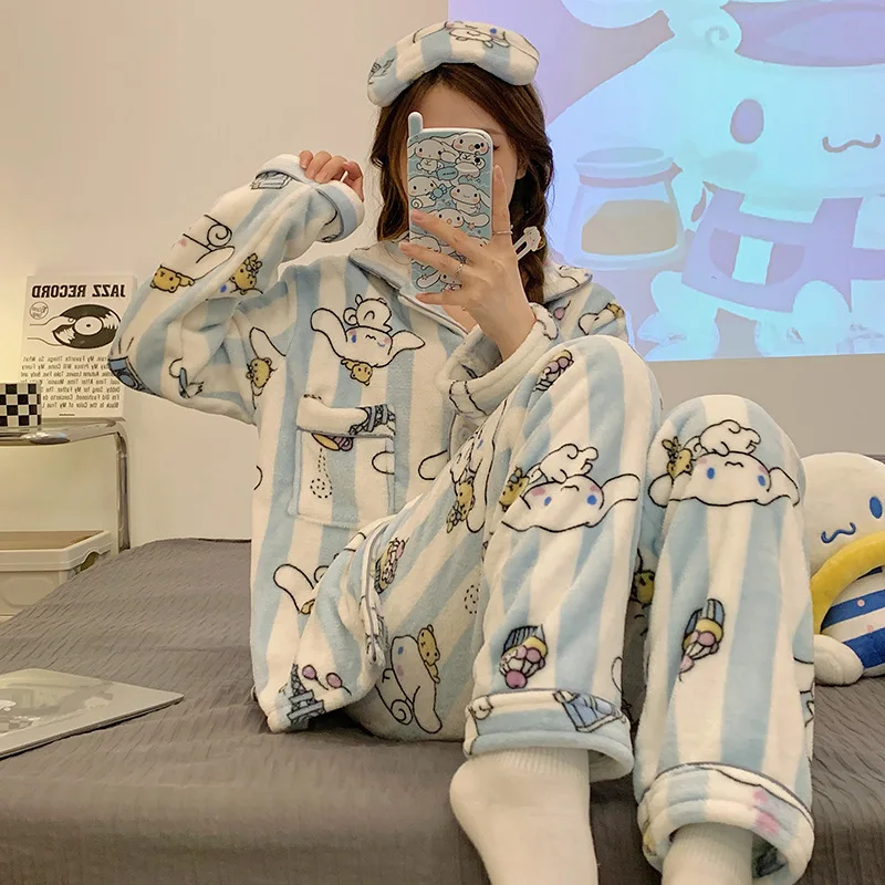 

Sanrioed Kuromi Cinnamoroll Cartoon Pajamas Ins Girly Heart Kawaii Flannel Thickened Loose Home Clothes Pajamas Set Holiday Gift