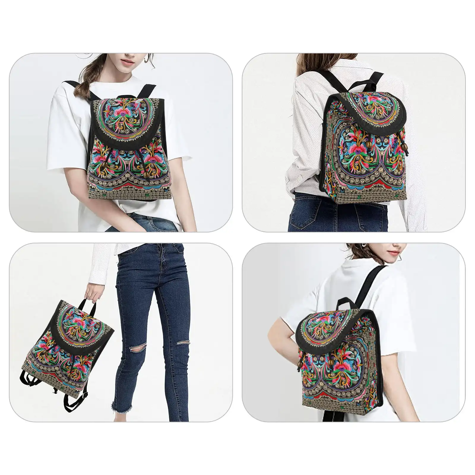 Boho Embroidered Backpack Purse,  Embroidery Messenger Bag for Women, Travel Shoulder Daypack, Vintage Handmade Canvas Backpack