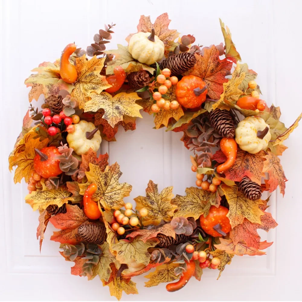 

50CM Fall Pumpkin Wreath for Front Door with Pumpkins Artificial Maples Sunflower Thanksgiving Autumn Harvest Holiday Decor