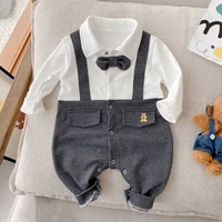 infant baby boy jumpsuit spring autumn bow solid patchwork gentleman bodysuit for birthday party cotton fashion kids clothes