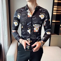 fun printed shirts for mens autumn long sleeve slim casual business formal dress shirt social party streetwear male clothing