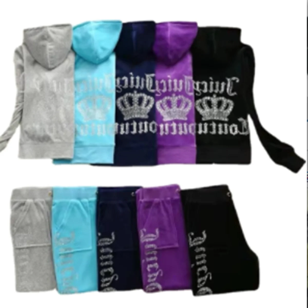 

Sportwear Suit Women clothing 2022 Gold Silk Velvet Crown Hot Drill Letter Print Hoodie Straight Pants Drawstring Two-piece set