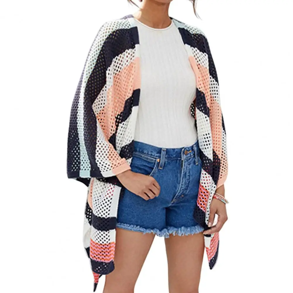 

Lady Striped Patchwork Color Open Front Irregular Hem Swimsuit Cardigan Crochet Knitted See-Through Hollow Sunscreen Beach Shawl