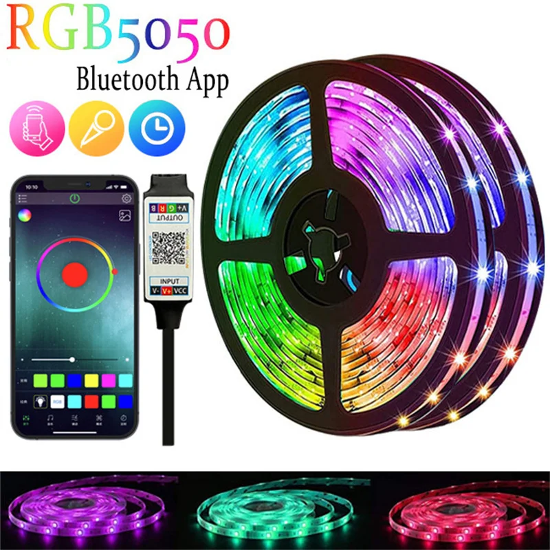 

Светодиодная ленсветильник s RGB, управление через приложение, изменение цвета, ламсветильник s с 24 клавишами, Bluetooth, дистанционное управление, режим 5050 для украшения комнаты, ТВ, неоновый свет