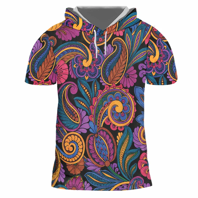 

Hooded T-shirt Mens Elegant Patterns 3d Chic Leaves Flowers Printed Casual Retro Style Top Aesthetic Summer New Trending Clothes