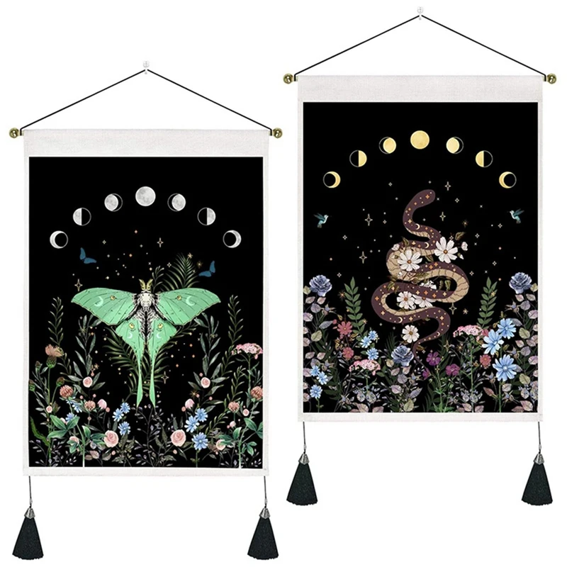 Pack Of 2 Moon Phase Tapestry Flower Floral Moth Snake Black Background Wall Hanging