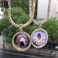 hip hop custom made photo round rotating double sided iced out bling cubic zircon necklacependant for men jewelry tennis chain