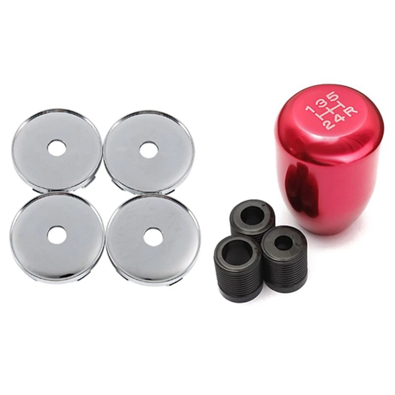 

5 Pcs Car Accessories: 4 Pcs Wheel Center Hub Cap 60Mm Tyre Trims & 1 Pcs 5 Speed Shift Knob Manual Gear Stick Shifter