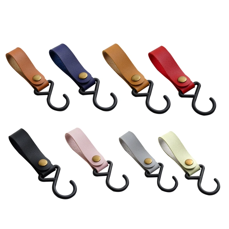 

Baby Pram Hook Hanging Rack PU Leather Strap S Hooks with Plastic Carabiners