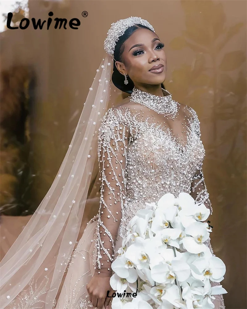 

African Arabic Muslim Champagne Wedding Dress 2023 Plus Size Heavy Pearls Beading Shiny Crystal Mermaid Long Sleeves Bridal Gown