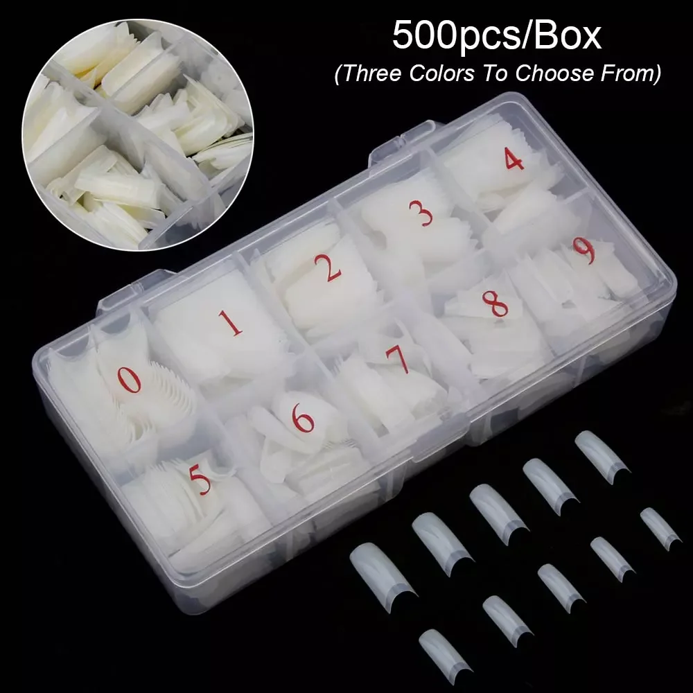 

500pcs/Box Artificial Nail Tips Full Cover Nails Colored Nail Tips Acrylic Transparent Nail Capsules French Manicure False Nails