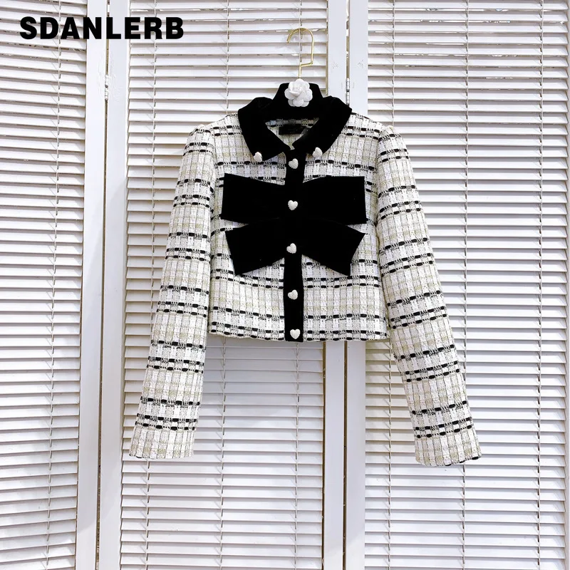 

2022 Autumn and Winter Crop Jacket Bow Decoration Diamond Button Doll Collar Long Sleeve Tweed Elegant Short Coat Female