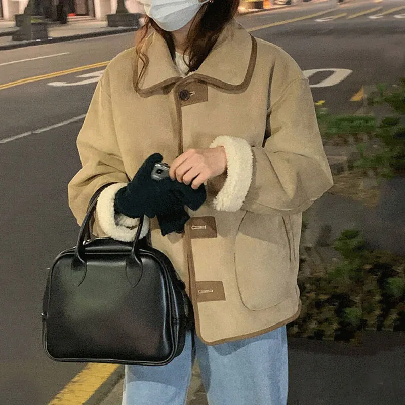 Fluffy Thicken Coat Female Korean Fashion Loose Lamb Fur Woman Turn Down Collar Long Sleeve Coats Women Single-breasted Top