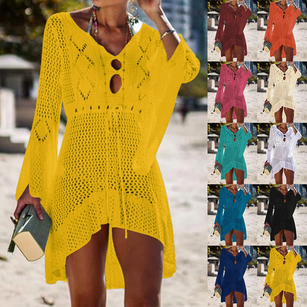 Beach Cover Up Crochet Knitted Tassel Tie Beachwear Tunic Long Pareos Summer Swimsuit Cover Up Sexy See-through Beach Dress