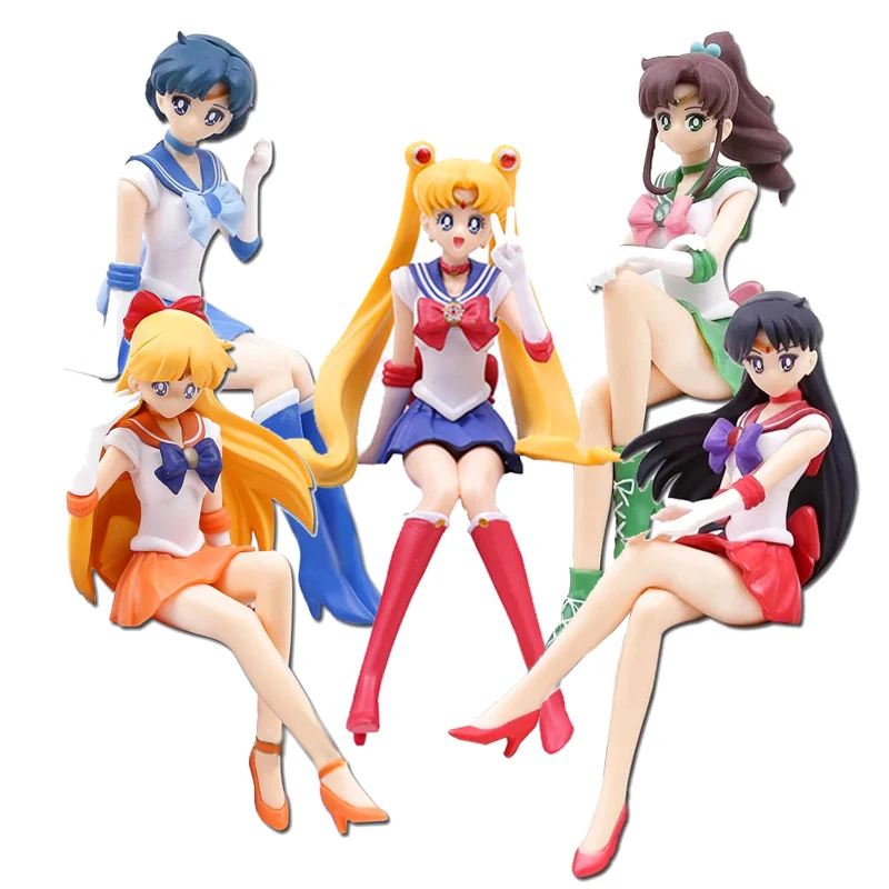 

14CM Hot Anime Figure Japanese Cartoon Sailor Moon Mercury Mars Jupiter Venus Sitting Model Dolls Toy Gift Collect Box Ornament