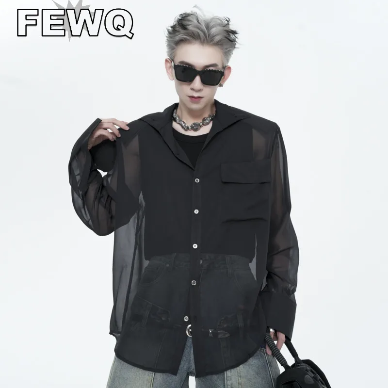 

FEWQ Gauze Perspective Long Sleeve Autumn Men's Shirts Korean Fashion Niche Desing Pocket Male Casual Cardigan New Tops 24B3235