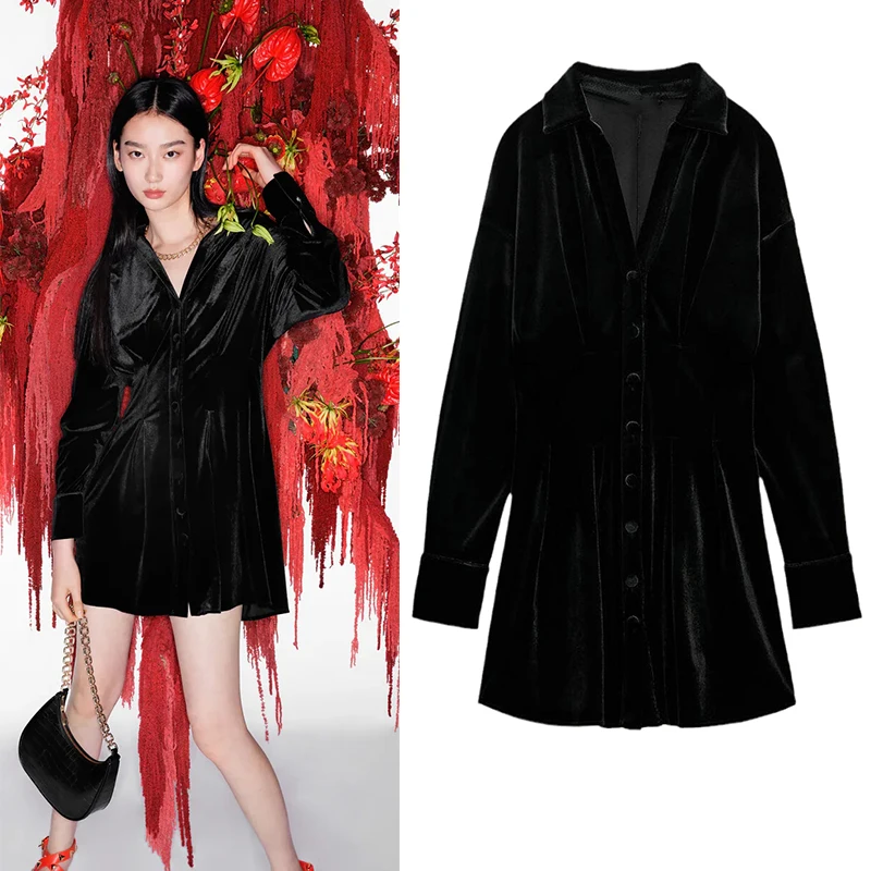 

2023 Spring Temperament Shiny Black Dresses Vintage Women Tighten The Waist Mini Dress Elegant Chic Single-breasted Shirt Dress