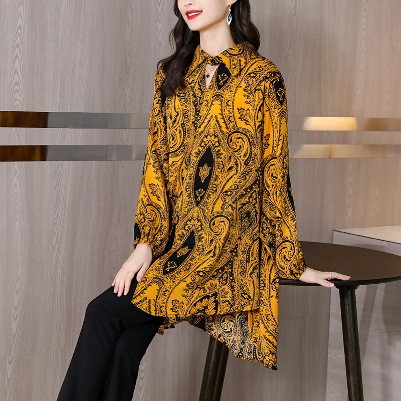 

SuperAen 2022 Spring Turn Down Collar Full Print Chiffon Shirts with Short Front and Long Back Women's Irregular Loose Tops