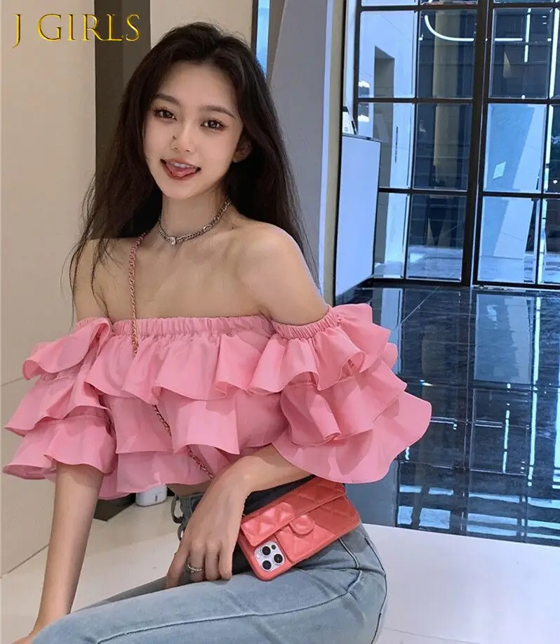 

J GIRLS New Spring Women Off Shoulder Strapless Short Ruffles Blouse Shirt Women Tops Blusas