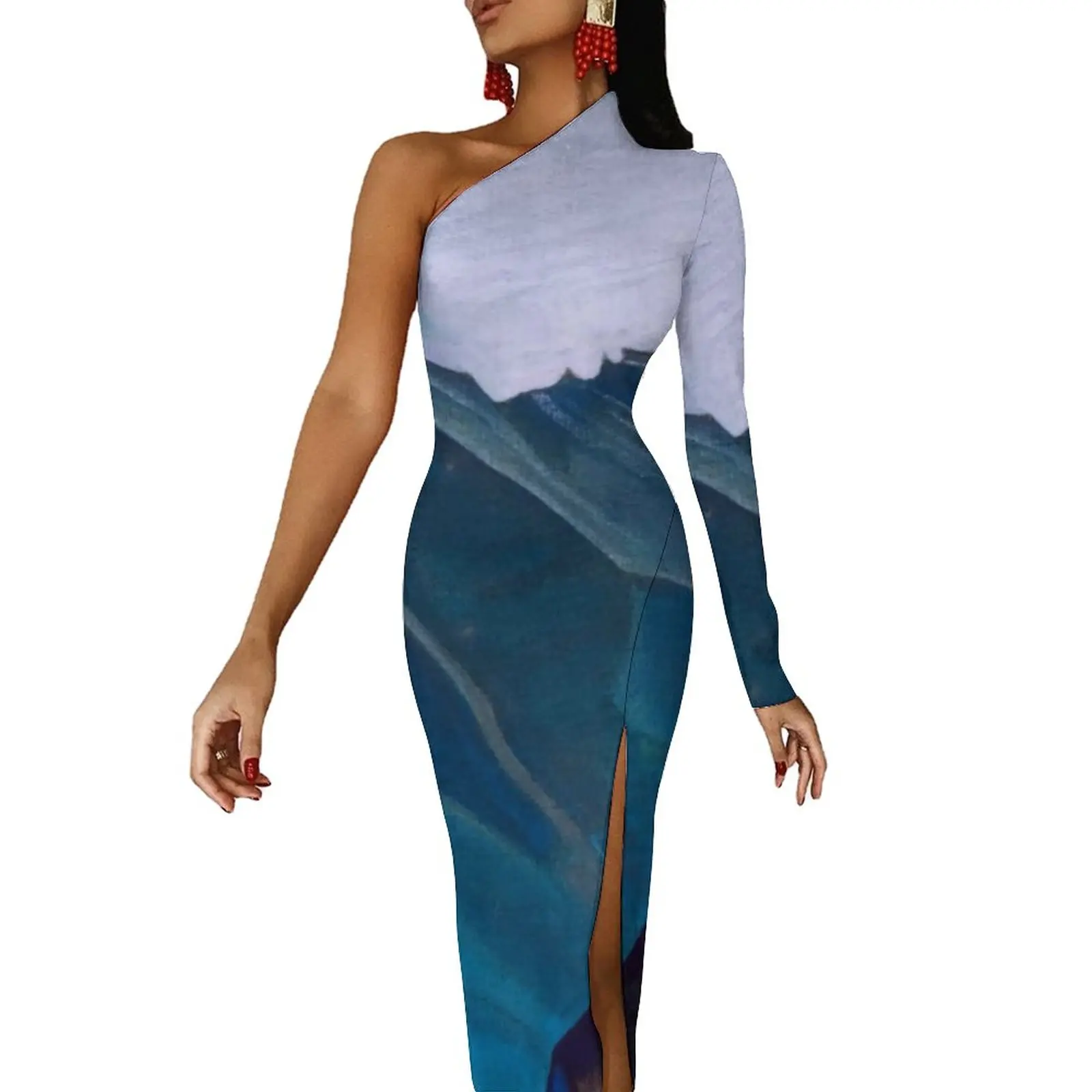 

Bell Mountain Bodycon Dress Summer Holy Mountains Print Elegant High Slit Long Dresses Women Long Sleeve Trendy Streetwear Dress