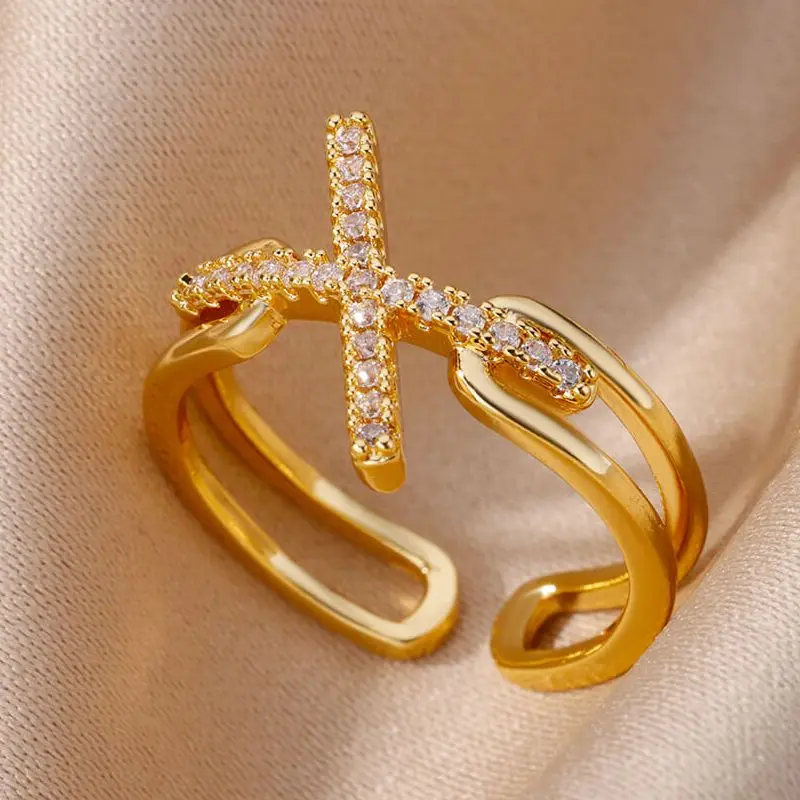 

Zircon Cross Rings For Women Gold Color Stainless Steel Adjustable Ring 2023 Trend New Wedding Aesthetic Jewerly Gift anillos