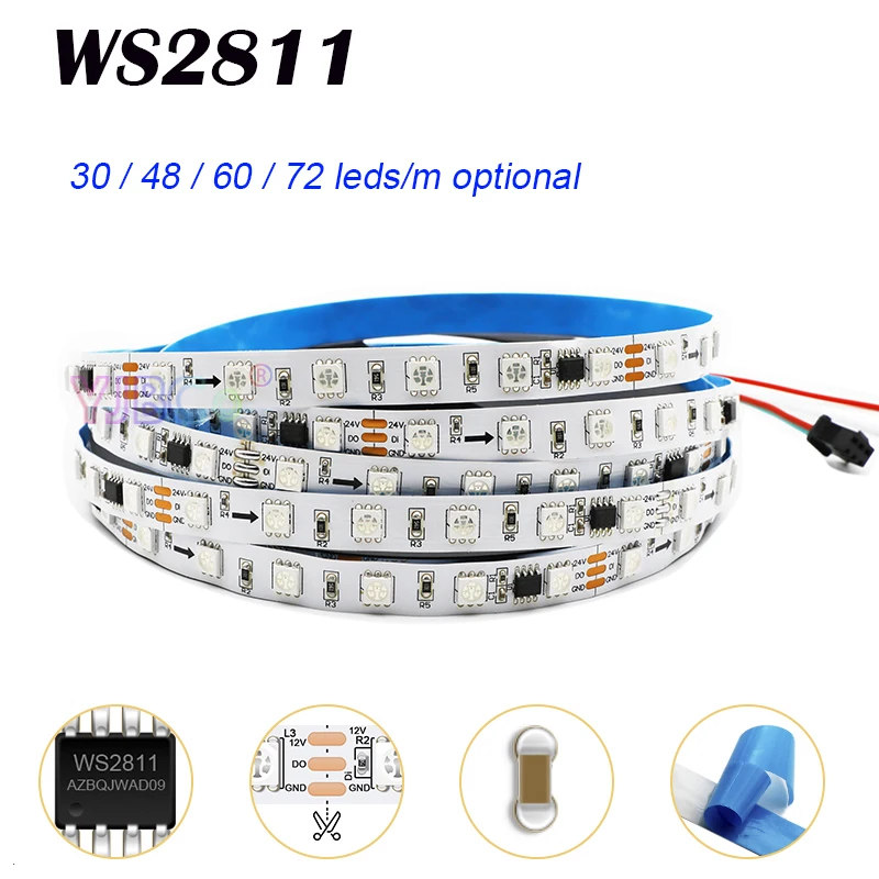 12V 24V 5m Addressable WS2811 LED Strip Light 30/48/60/72leds/m IC pixel Smart 5050 RGB full color flexible Lamp Tape IP30/65/67