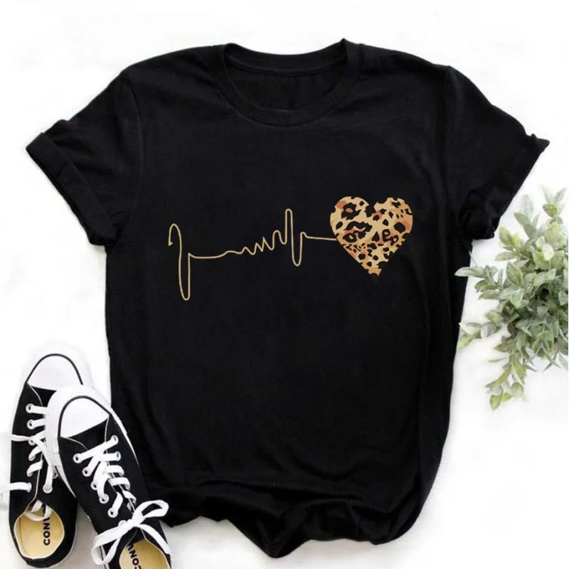 

Summer New Leopard Heartbeat Short Sleeve Print Clothing Women's T-Shirt Harajuku Graphic Clothing Women's Top,Drop Ship