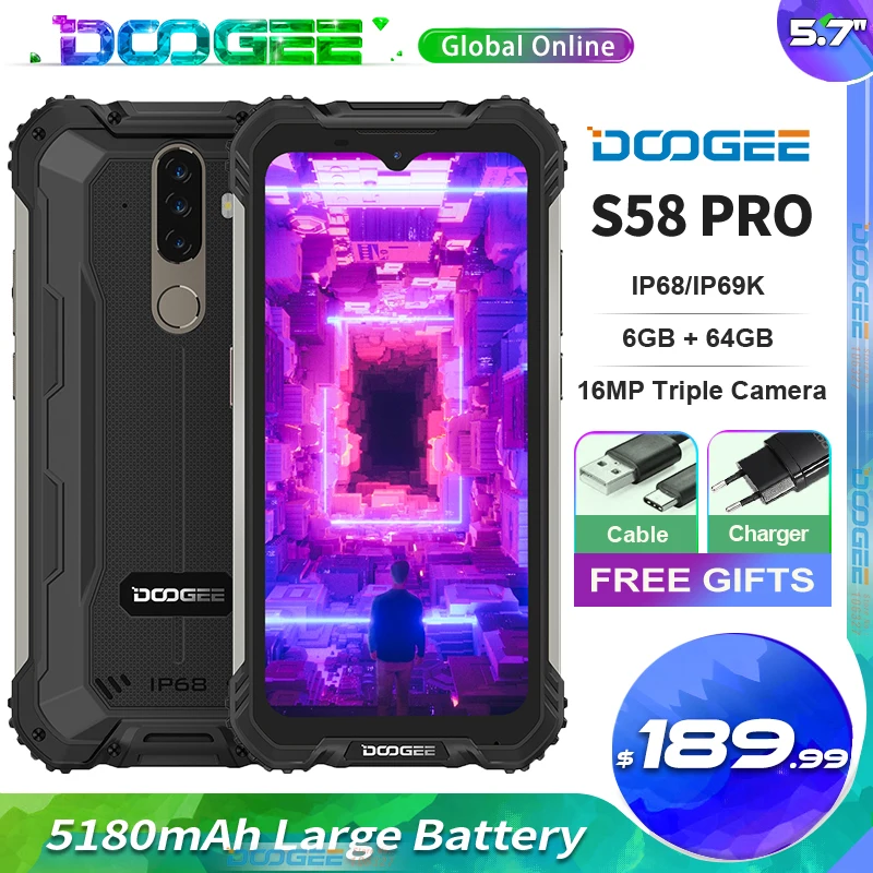 New DOOGEE S58 Pro Mobile Phone 5180mAh 5.71FHD+Display 6GB+64GB Android 10 NFC Smartphone IP68/IP69K Waterproof