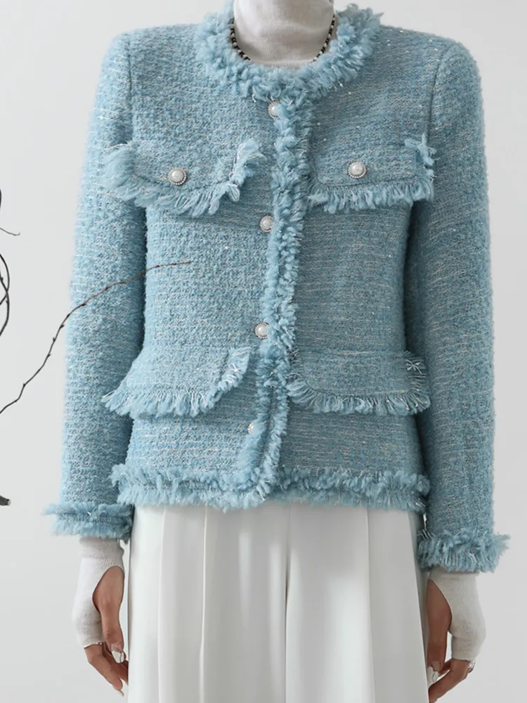 

2023 Blue Light Luxury Beads Diamond Small Fragrance Tweed Coat Women's Single Breasted Long Sleeve Vintage Outwear Tops